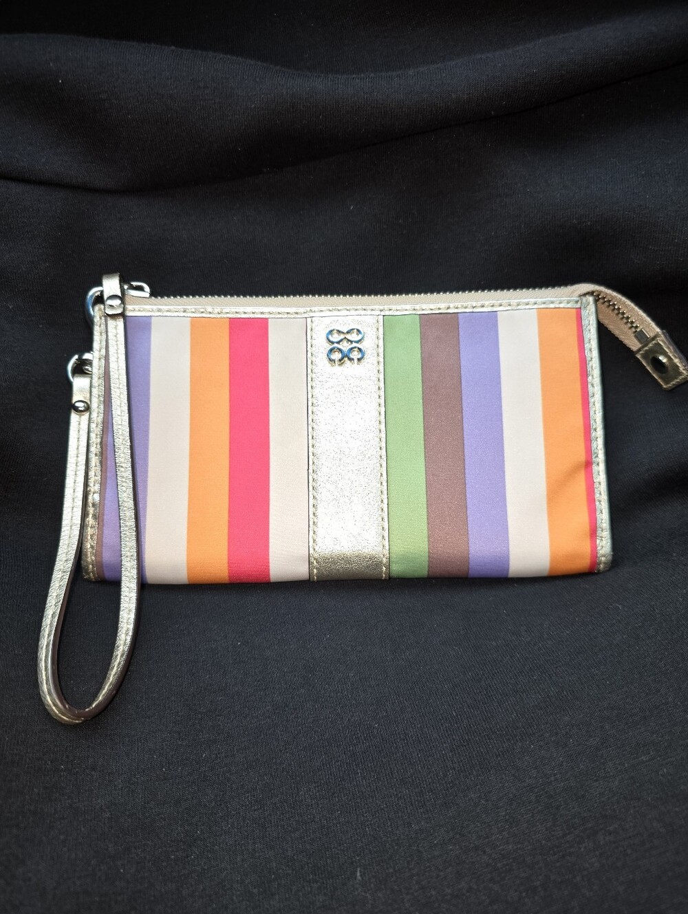 COACH Julia Legacy Stripe Satin Multi Color Wristlet Wallet Gold Leather Trim